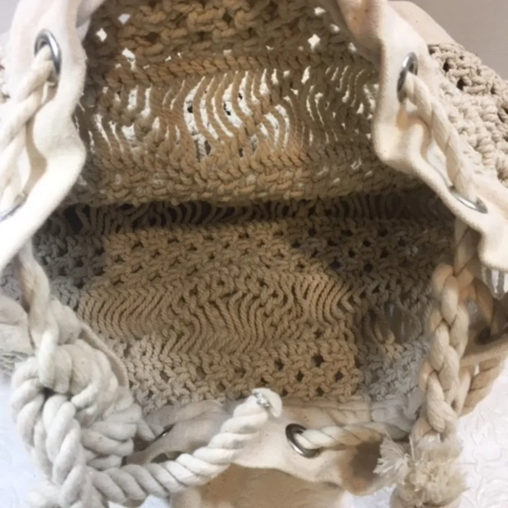 Macramé Knotting Shoulder Handbag Tote Cotton Drawstring11x5.5x11